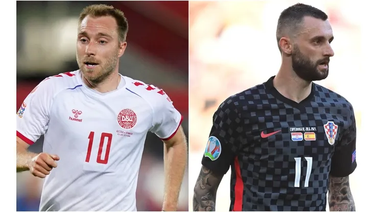 Christian Eriksen of Denmark and Marcelo Brozovic of Croatia
