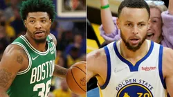 Marcus Smart of the Boston Celtics and Stephen Curry of the Golden State Warriors