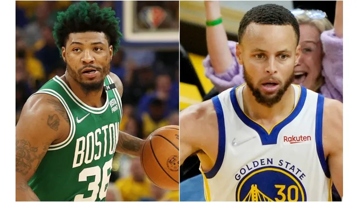 Marcus Smart of the Boston Celtics and Stephen Curry of the Golden State Warriors