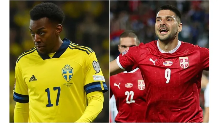 Anthony Elanga of Sweden and Aleksandar Mitrovic of Serbia