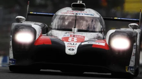 The Toyota Gazoo Racing TS050 Hybrid of Fernando Alonso, Sebastien Buemi and Kazuki Nakajima drives during the Le Mans 24 Hour Race