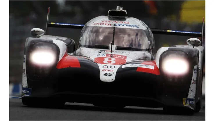 The Toyota Gazoo Racing TS050 Hybrid of Fernando Alonso, Sebastien Buemi and Kazuki Nakajima drives during the Le Mans 24 Hour Race