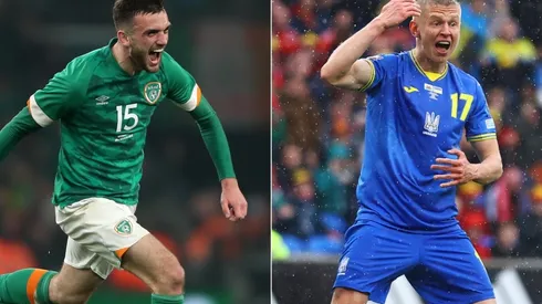 Troy Parrott of Republic Of Ireland and Oleksandr Zinchenko of Ukraine