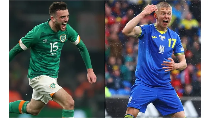 Troy Parrott of Republic Of Ireland and Oleksandr Zinchenko of Ukraine