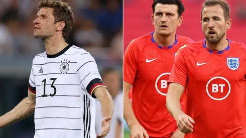 Thomas Mueller of Germany (L) and Harry Maguire and Harry Kane of England (R)