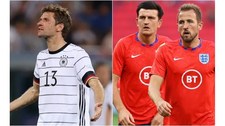 Thomas Mueller of Germany (L) and Harry Maguire and Harry Kane of England (R)