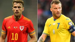 Aaron Ramsey of Wales and Andriy Yarmolenko of Ukraine