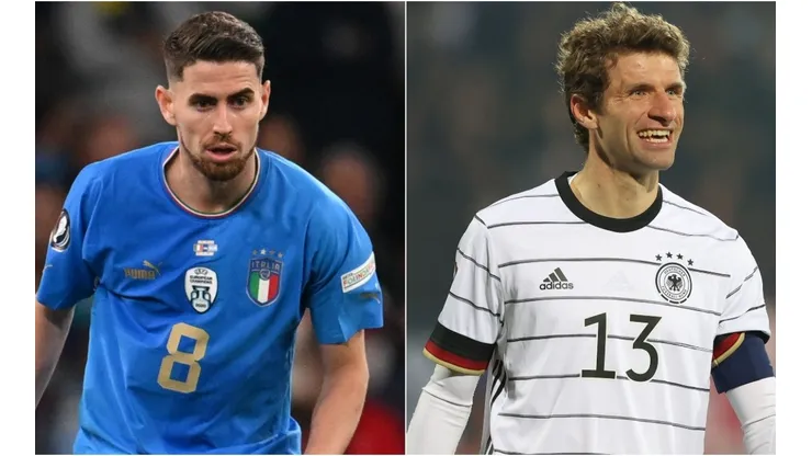 Jorginho of Italy and Thomas Müller of Germany