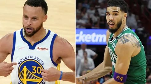 Stephen Curry of the Golden State Warriors and Jayson Tatum of the Boston Celtics