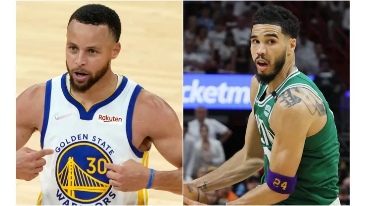 Stephen Curry of the Golden State Warriors and Jayson Tatum of the Boston Celtics