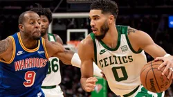 Jayson Tatum of the Boston Celtics and Andre Iguodala of the Golden State Warriors