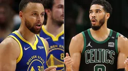 Stephen Curry of the Golden State Warriors and Jayson Tatum of the Boston Celtics