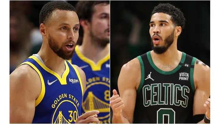 Stephen Curry of the Golden State Warriors and Jayson Tatum of the Boston Celtics