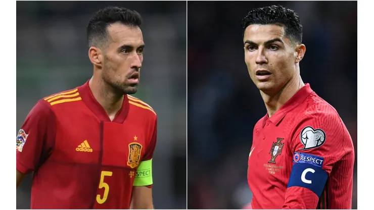 Sergio Busquets of Spain and Cristiano Ronaldo of Portugal