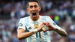 Angel Di Maria celebrates his goal for Argentina against Italy in the 2022 Finalissima.