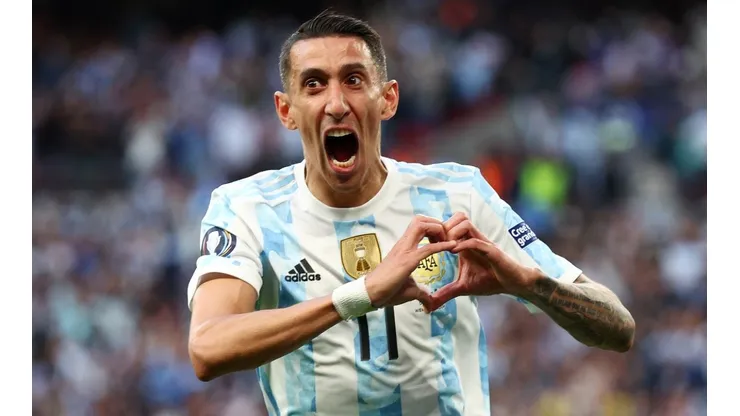 Angel Di Maria celebrates his goal for Argentina against Italy in the 2022 Finalissima.