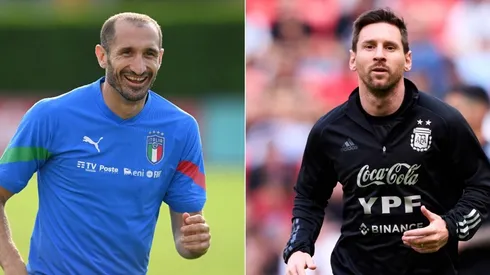 Giorgio Chiellini (L) of Italy and Lionel Messi (R) of Argentina
