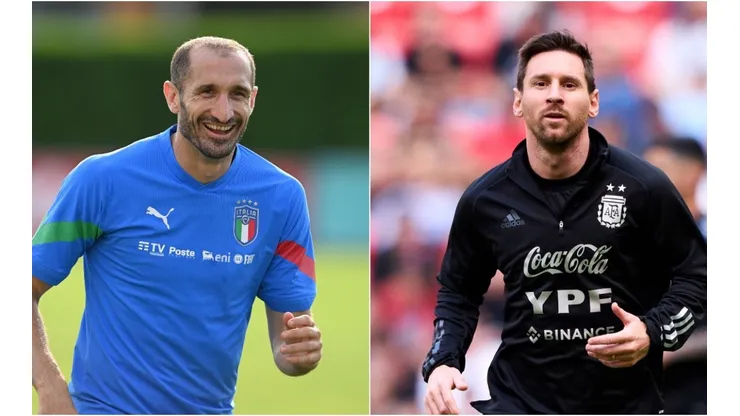 Giorgio Chiellini (L) of Italy and Lionel Messi (R) of Argentina