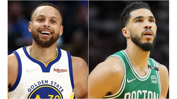 Stephen Curry of the Golden State Warriors and Jayson Tatum of the Boston Celtics