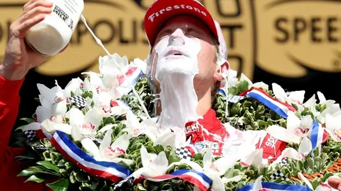 Marcus Ericsson does the traditional Indy 500 celebration