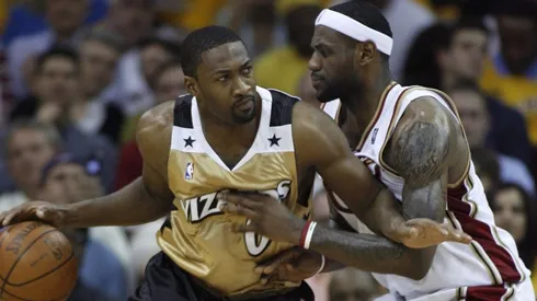 LeBron James guarding Gilbert Arenas