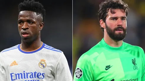Vinicius of Real Madrid and Alisson on Liverpool