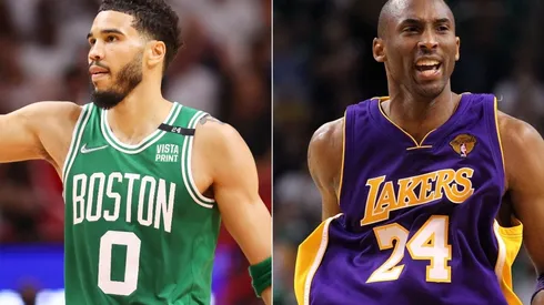 Jayson Tatum of the Boston Celtics and Kobe Bryant playing for the Los Angeles Lakers