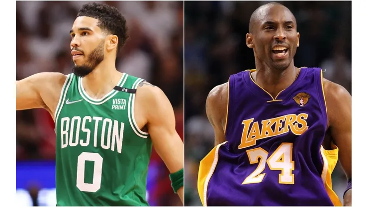 Jayson Tatum of the Boston Celtics and Kobe Bryant playing for the Los Angeles Lakers