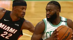 Jaylen Brown of the Boston Celtics against Jimmy Butler of the Miami Heat