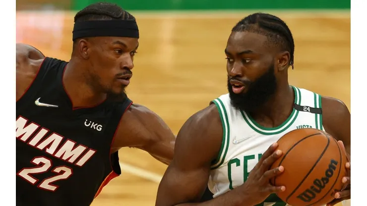 Jaylen Brown of the Boston Celtics against Jimmy Butler of the Miami Heat