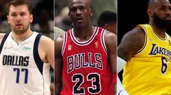 Luka Doncic of Dallas Mavericks, Michael Jordan playing for the Chicago Bulls and LeBron James of the Los Angeles Lakers