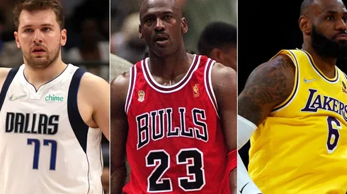 Luka Doncic of Dallas Mavericks, Michael Jordan playing for the Chicago Bulls and LeBron James of the Los Angeles Lakers