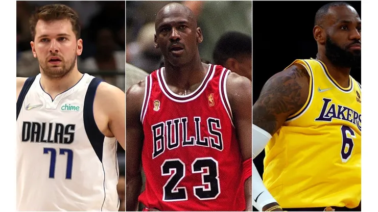 Luka Doncic of Dallas Mavericks, Michael Jordan playing for the Chicago Bulls and LeBron James of the Los Angeles Lakers