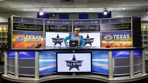 Kyle Busch (2017 All-Star Race winner) speaks to the media after winning the pole award