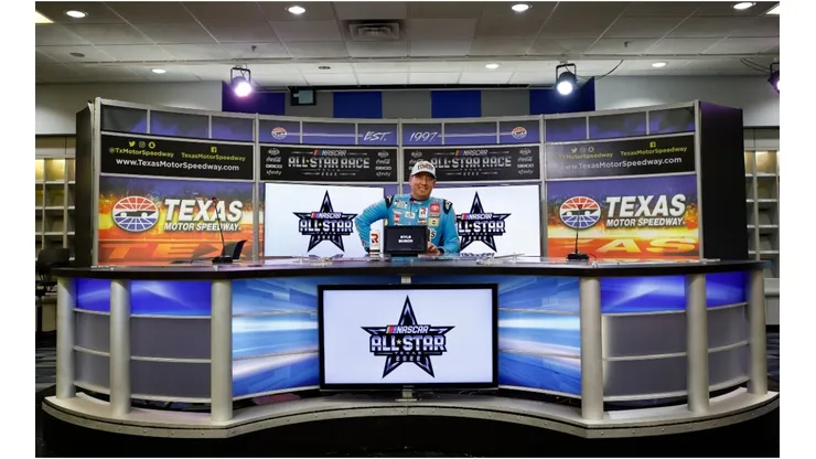 Kyle Busch (2017 All-Star Race winner) speaks to the media after winning the pole award