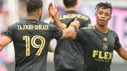 LAFC players celebrate after scoring a goal