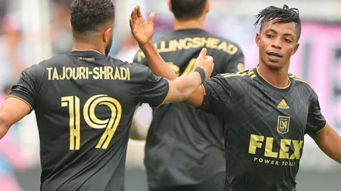 LAFC players celebrate after scoring a goal