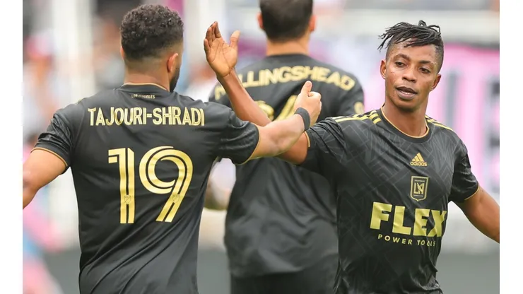 LAFC players celebrate after scoring a goal