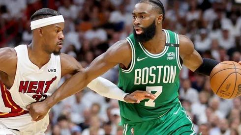 Jaylen Brown of the Boston Celtics against Jimmy Butler of the Miami Heat