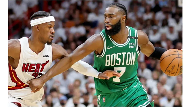 Jaylen Brown of the Boston Celtics against Jimmy Butler of the Miami Heat
