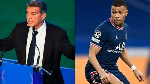 Barcelona president Joan Laporta (left) and PSG star Kylian Mbappe.