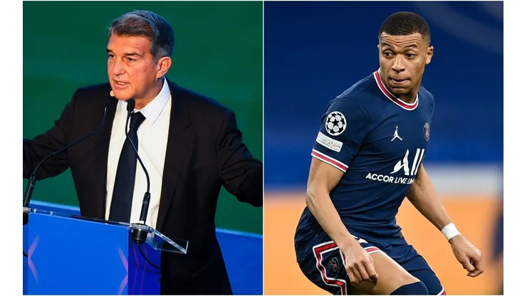 Barcelona president Joan Laporta (left) and PSG star Kylian Mbappe.