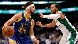 Klay Thompson of the Golden State Warriors against Jalen Brunson of the Dallas Mavericks