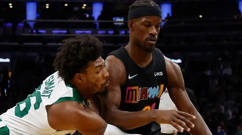 Marcus Smart of the Boston Celtics against Jimmy Butler of the Miami Heat