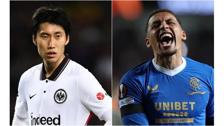 Daichi Kamada of Eintracht Frankfurt and James Tavernier of Rangers