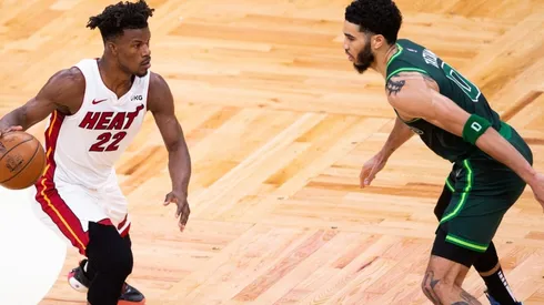 Jayson Tatum guarding Jimmy Butler