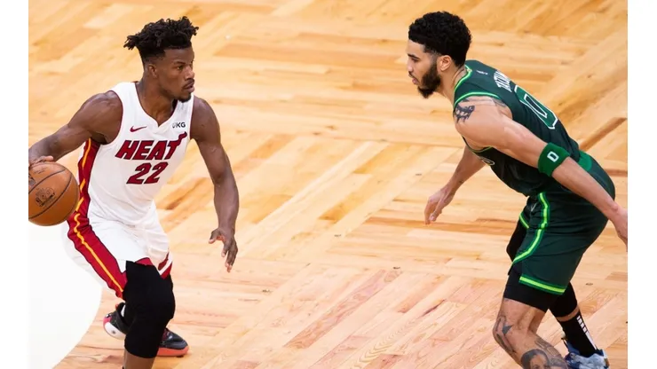 Jayson Tatum guarding Jimmy Butler