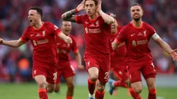 Kostas Tsimikas of Liverpool celebrates FA Cup title