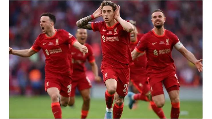 Kostas Tsimikas of Liverpool celebrates FA Cup title