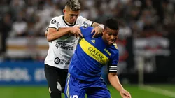 Adson of Corinthians competes for the ball with Frank Fabra of Boca Juniors